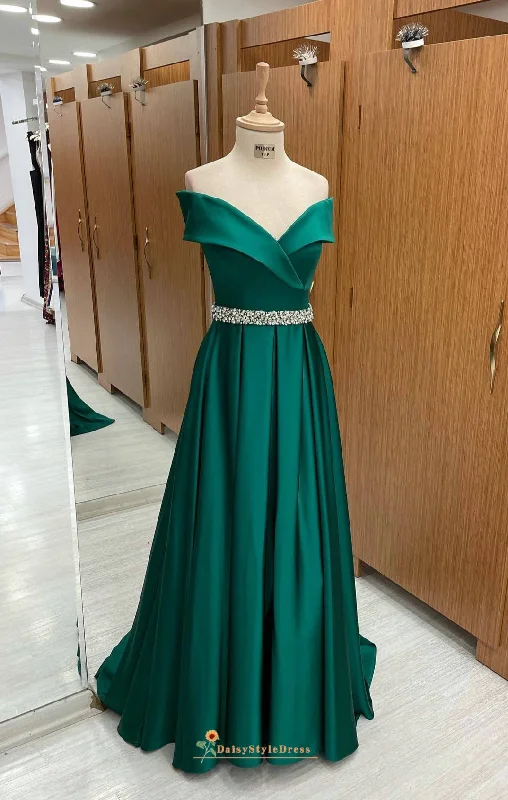 A line Off Shoulder Sleeve Green Prom Dress