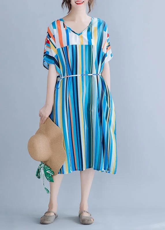 Natural blue striped chiffon dress long plus size Online Shopping v neck patchwork Summer Dress