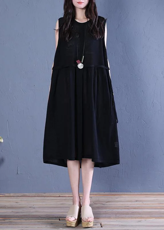 Handmade black linen clothes o neck patchwork shift summer Dresses