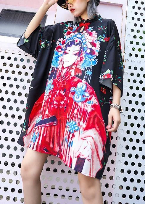 Handmade lapel half sleeve Cotton clothes For Women design black print Dresses summer