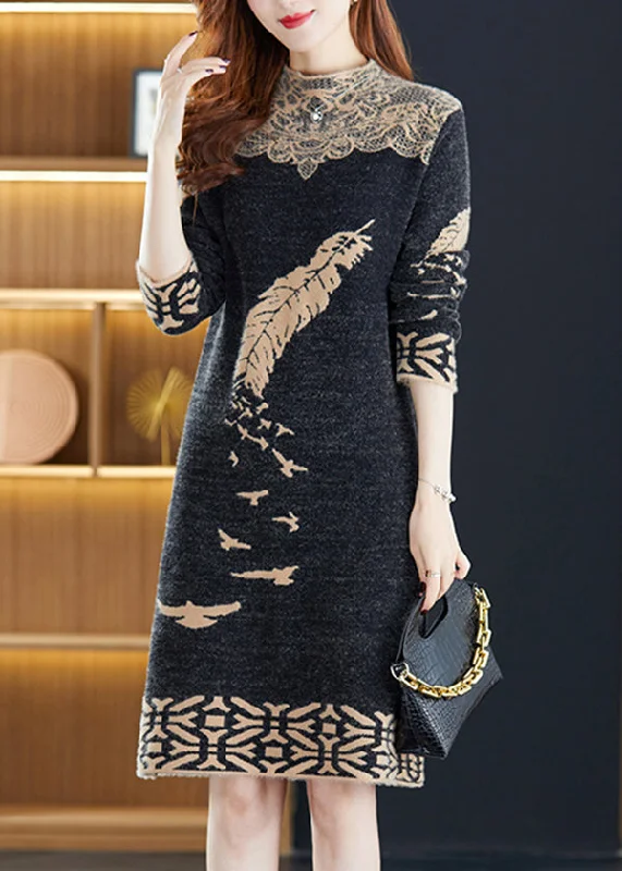 Italian Black Jacquard Patchwork Mink Hair Knitted Dresses Winter