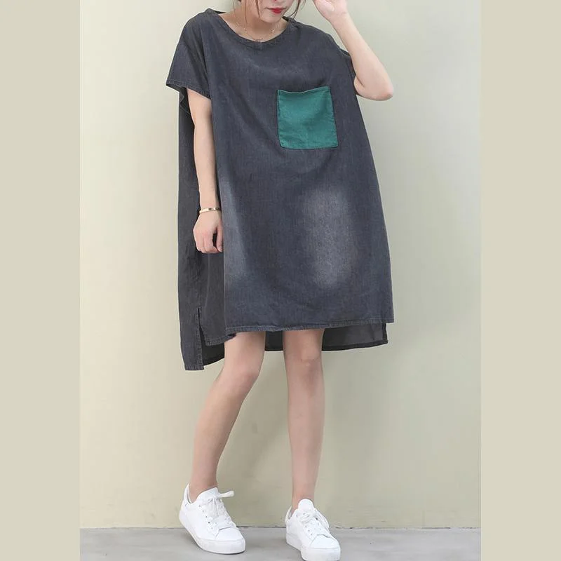 Women denim black Cotton clothes Women o neck green pockets Midi Dresses