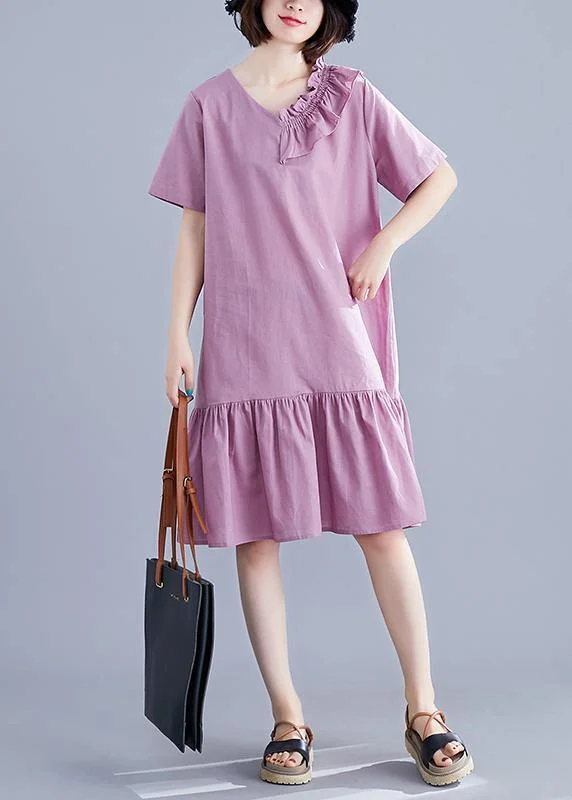 Chic v neck Ruffles linen Long Shirts Outfits purple Dresses summer