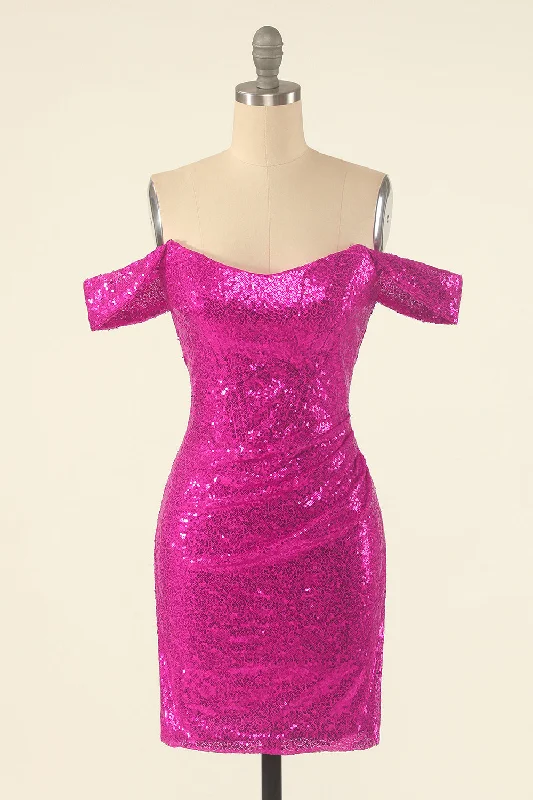 Fuchsia Off the Shoulder Sequin Party Mini Dress