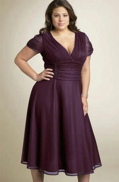 Tea Length Purple Plus Size Wedding Guest Dress