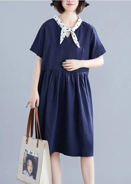 DIY v neck Cinched Cotton Long Shirts Photography navy Dresses