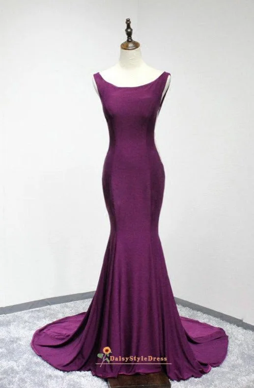 Simple Fit and Flare V-beck Purple Party Dress