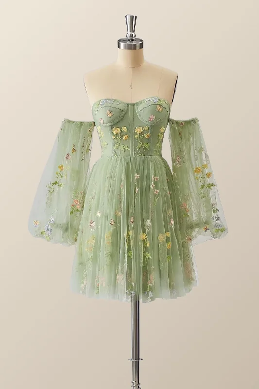 Green Floral Corset A-line Dress with Puff Sleeves